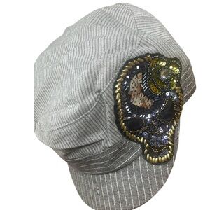 Striped Gray Cap with Embellished Design
